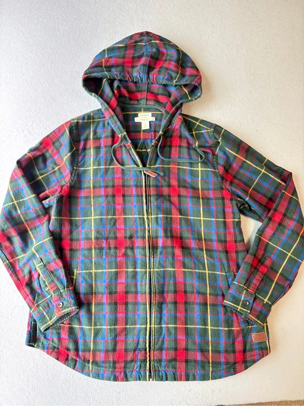 L.L.Bean Scotch Plaid Flannel Full Zip Hoodie Jacket Relaxed Fit Sz M